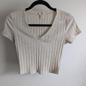 V-Neck Ribbed Knit Top - Cream